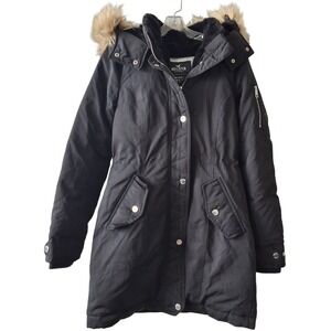 Hollister Ultimate Down Collection Black Parka Faux Fur Hood Winter Coat Small